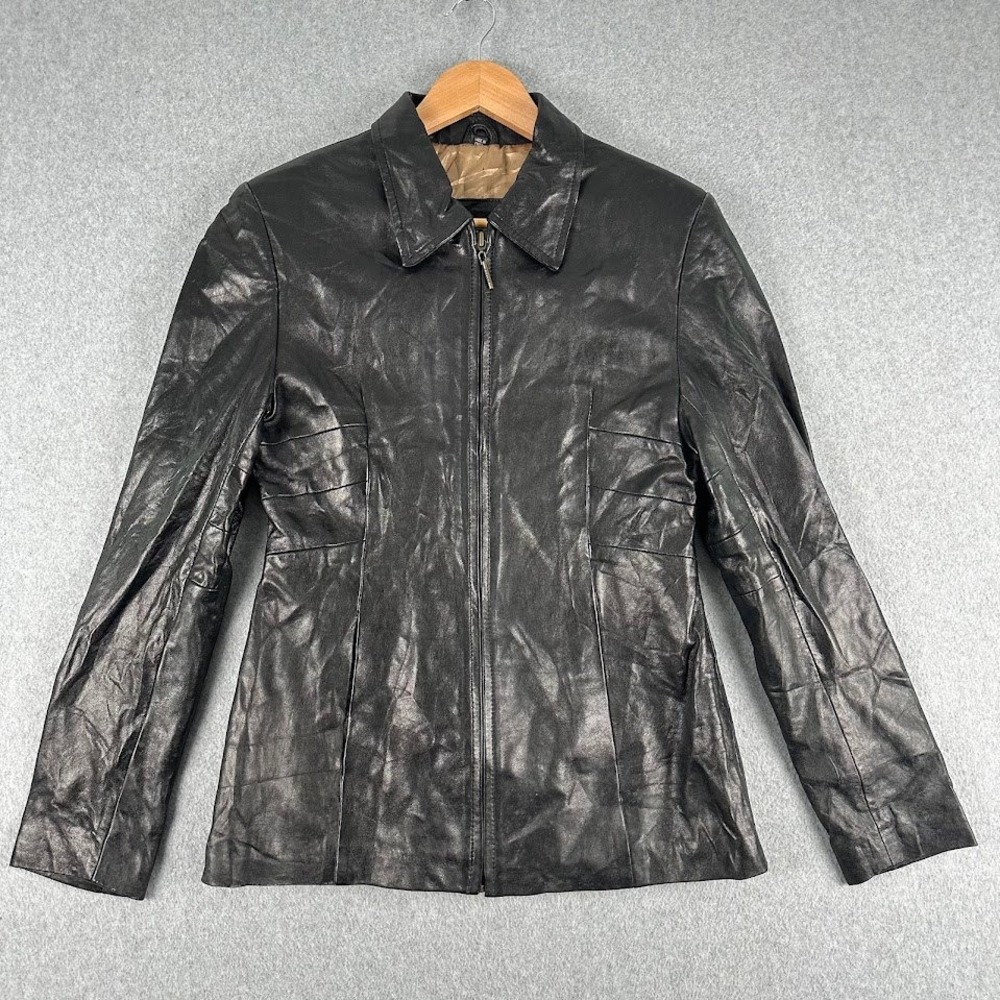 Kasper‎ Black Leather Jacket Womens Medium Zip Front Collar Lined Moto Biker